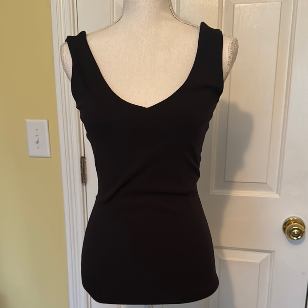 Caché Vintage Black Top w/ V-Neck and Low Cut V-Back